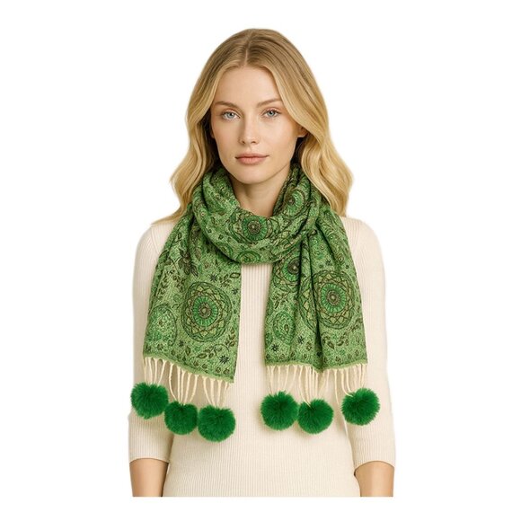 Accessories - Tigerstars Elegant Green Pattern Pom Tassel Scarf